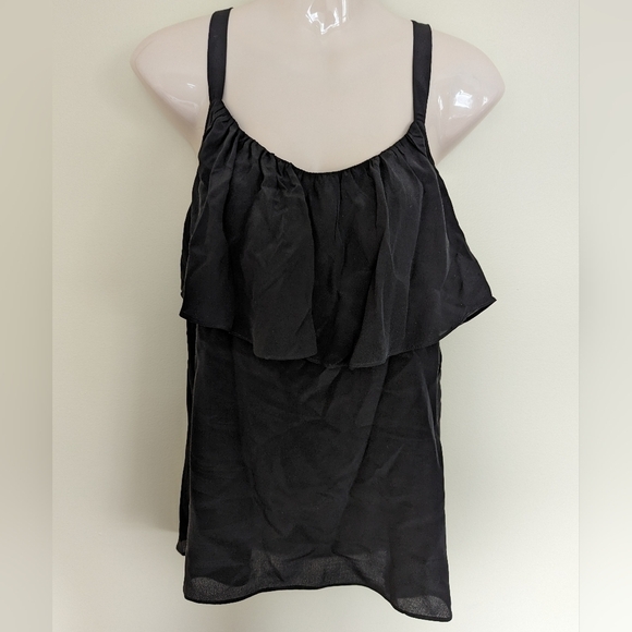 Eloise black silk ruffled sleeveless top large - Picture 1 of 9